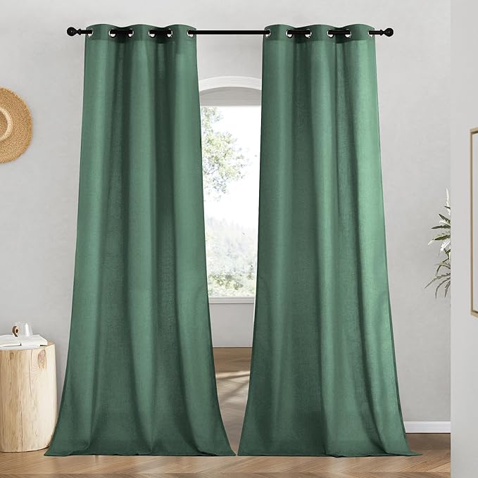 NICETOWN Linen Curtains for Windows 90 inch Long, Grommet Semi Sheer Vertical Drapes Privacy Added with Light Filtering for Doorway/Living Room, Olive Green, W42 x L90, 2 Pieces