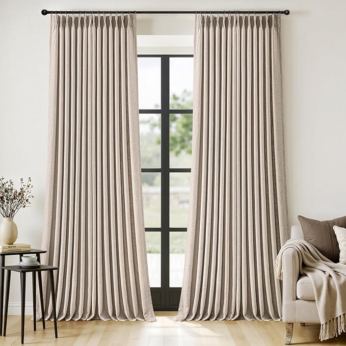 MIULEE Pinch Pleated Thick Linen Curtains 102 Inches Long 2 Panels for Living Room Bedroom, Pinch Pleat Drapes Back Tab Memory Trained Rustic Farmhouse Window Curtains with Hooks&Rings, Taupe