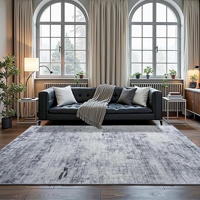 Toneed Abstract Area Rug 9x12 Modern Washable Rug Soft Non Slip Rug Low Pile for Bedroom Living Room Dining Room Grey
