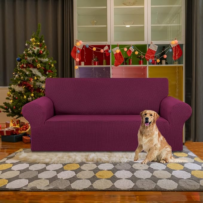 KEKUOU Stretch Loveseat Sofa Cover Slipcover,Couch Covers for 2 Cushion Couch Sofa (55"-78") Furniture Protector Sofa with Elastic Bottom for Kids,Dog. Jacquard Small Checked (Medium,Wine)