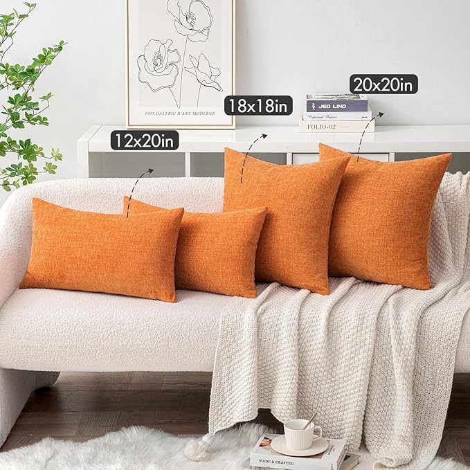 MIULEE Pack of 2 Orange Throw Pillow Covers 20x20 Inch Soft Chenille Pillow Covers for Sofa Living Room Couch Solid Dyed Cases