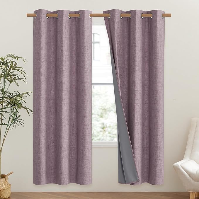 NICETOWN Chaise Mauve Vintage Linen 100% Blackout Curtains for Classroom, Thermal Insulated Curtains 72" Long, Noise Reducing Window Treatment Drapes for Gym Room, 42" Wide Per Panel, Set of 2