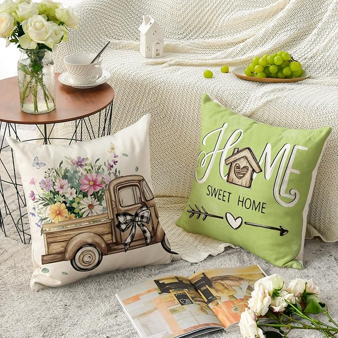 AVOIN colorlife Bless Our Home Eucalyptus Leaves Throw Pillow Covers, 20 x 20 Inch Spring Summer Truck Cushion Case for Home Sofa Couch Set of 4