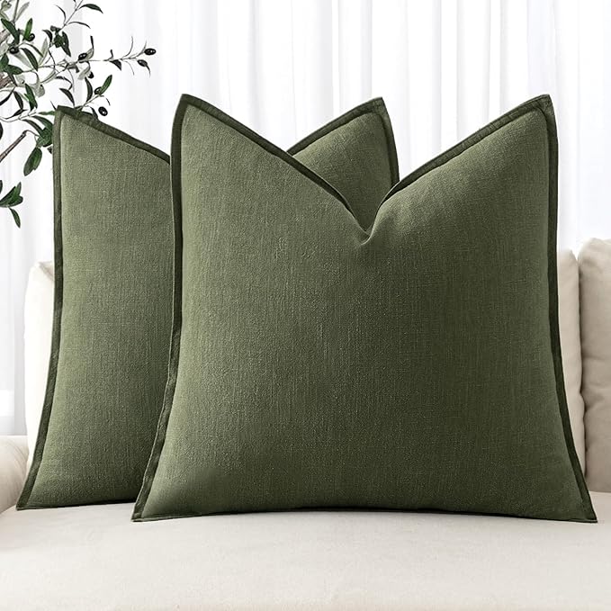 MIULEE Decorative Linen Euro Sham Pillow Covers 24x24 Dark Olive Green Boho Farmhouse Neutral Spring Couch Throw Pillows for Bed Pack of 2 Accent Modern Pillowcase Sofa Livingroom Home Decor