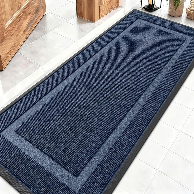 OLANLY Front Door Mat Indoor Outdoor Entrance, Waterproof All-Season, All-Weather Doormat, Sturdy Natural Rubber, Fade Resistant, Low Profile, Easy Clean Patio Porch Entryway Mat, 59x20, Blue