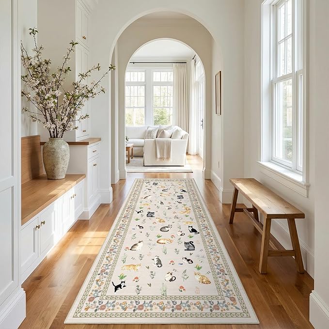 3x7 Washable Kitchen Runner Rug - Soft Low Pile Floral Animal Cat Print Rugs with Non-Slip Backing Waterproof Stain-Resistant Indoor Carpet for Hallway Entryway Bathroom Bedroom (Light Beige)