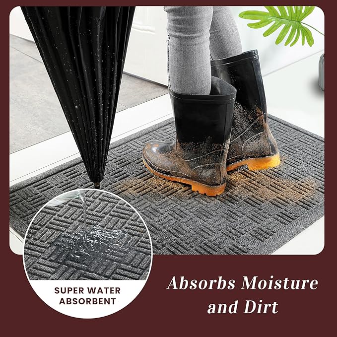 Mibao Front Door Mat Indoor Outdoor Entrance, Dirt Trapping Waterproof All-Season, All-Weather Doormat, Non-Slip Durable Natural Rubber Low Profile Easy Clean Patio Entrance Mat, 47" x 31.5", Grey