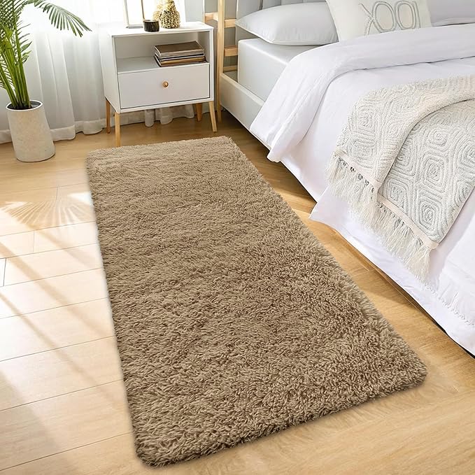 OLANLY 2x6 Machine Washable Runner Rugs for Hallway, Soft Fluffy Shaggy Bedside Rugs for Bedroom, Living Room, Indoor Floor Carpet for Kids Girls and Boys, Home Decor Aesthetic, Taupe