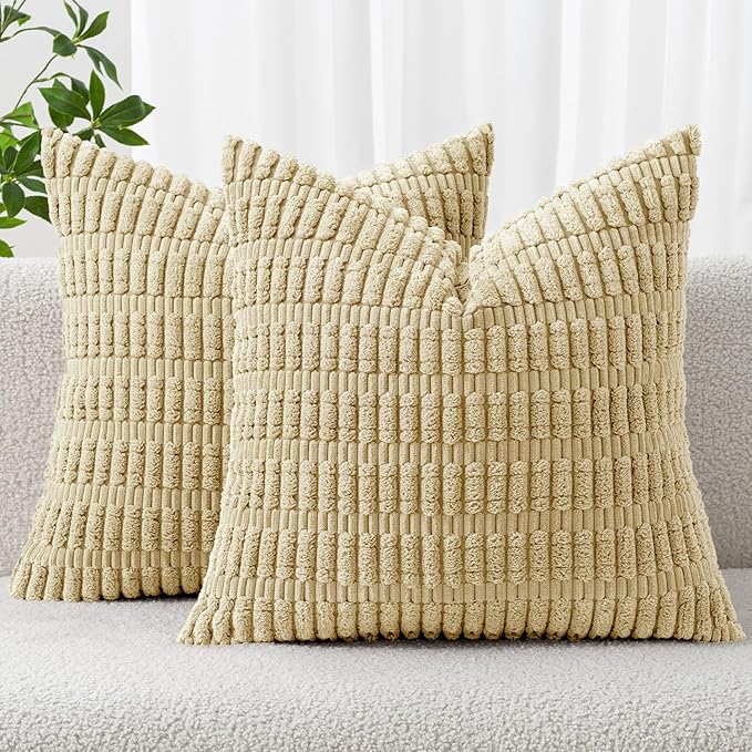 MIULEE Pack of 2 Corduroy Decorative Euro Sham Throw Pillow Covers 24x24 Inch Soft Boho Striped Pillow Covers Modern Farmhouse Home Decor for Sofa Living Room Couch Bed Beige