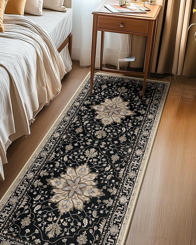 RELEANY Area Rugs 2'x6' Runner Rug Non Slip Washable for Kitchen Hallway Bedroom Beside Laundry Room Bathroom Rug, Floor Carpet, Black Brown Neutral Dark Tan