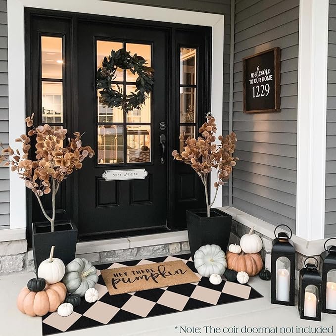 Front Door Mat Indoor Entrance - 2x4.3 Ft Black Tan Non-Slip Washable Outdoor Porch Rug Doormats Geometric Checkered Diamond Layered Rug for Front Door Kitchen Hallway Bedroom Laundry Room