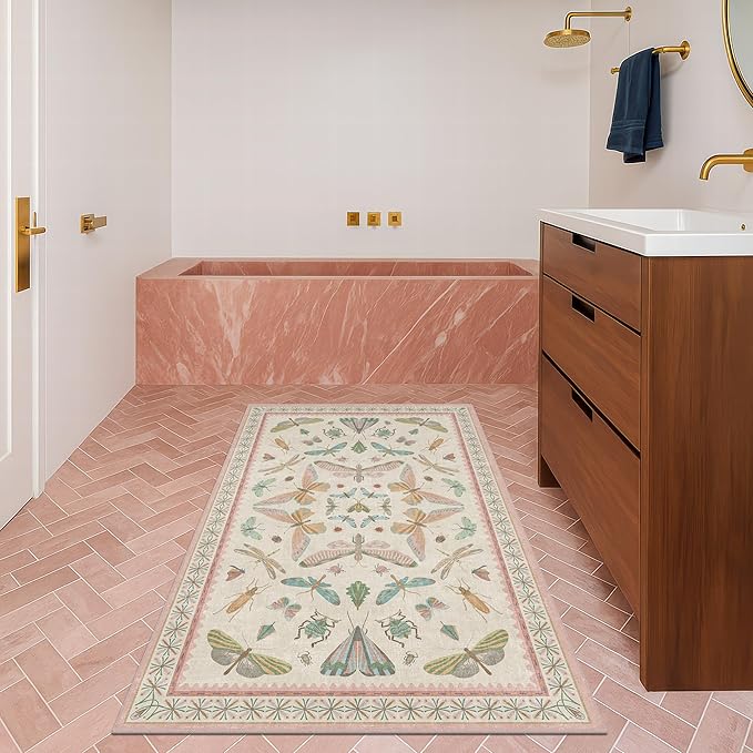 Flower Area Rug for Girls Bedroom - Washable 3x4 Light Pink Large Entryway Rug for Laundry Room, Kitchen, Bedroom, Dorm, Insect Print Vintage Floral Non-Slip Throw Rug Low Pile Stain Resistance