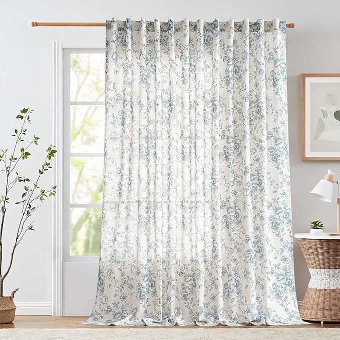 jinchan Linen Floral Curtains 100 Inch Extra Wide for Patio Sliding Glass Door Room Divider Curtain for Living Room 108 Inch Length Farmhouse Peony Blue Printed Curtain Set 1 Panel