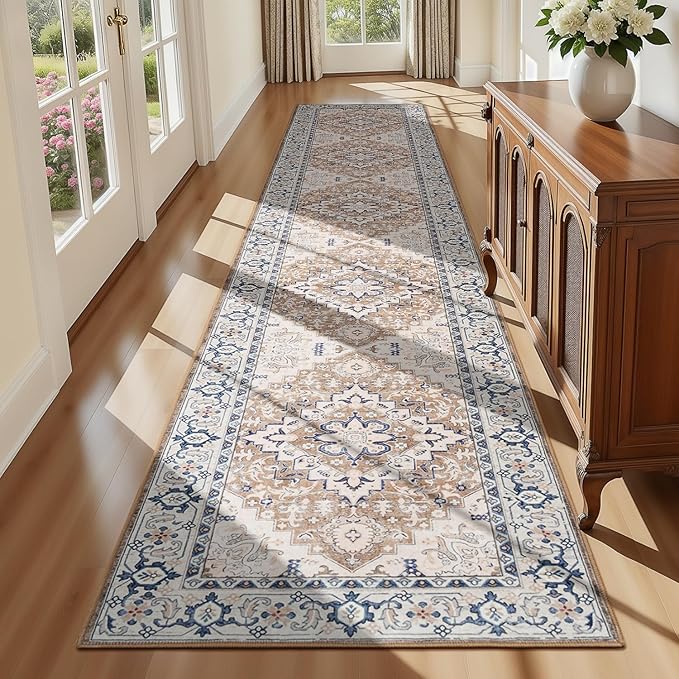 Lofus 2x10 Hallway Washable Runner Rug, Vintage Kitchen Runners Non Slip, Entryway Rugs for Bathroom Bedroom Living Room Laundry Room Floor Mat, Boho Entry Long Carpet, Floral Brown