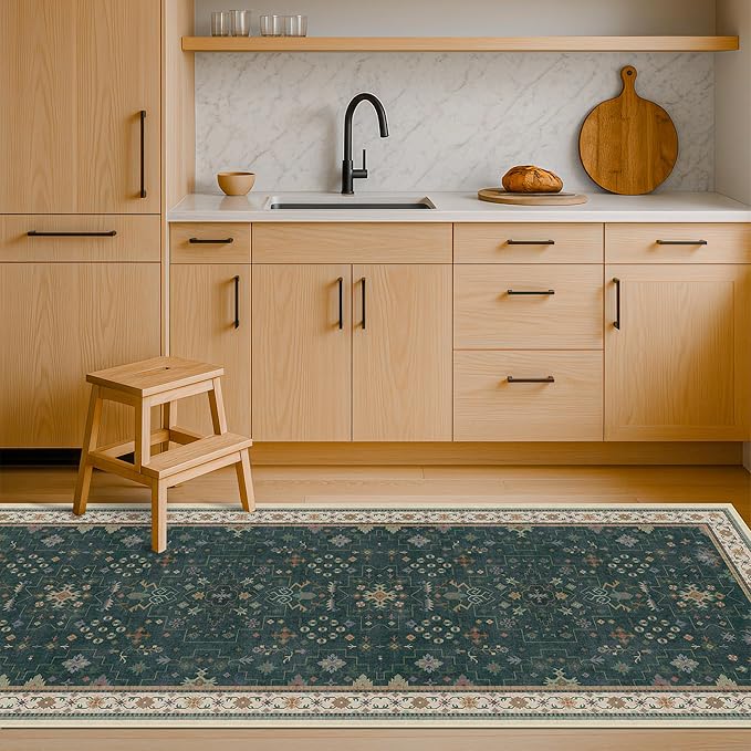 Hazo Haus Vintage 2x7 Washable Runner Rug Non Slip for Kitchen, Bathroom, Hallway - Low Pile Stain Resistant 7ft Long Runner Rugs - Victorian Eclectic Floral Pastel Home Decor (2x7 Dark Green)