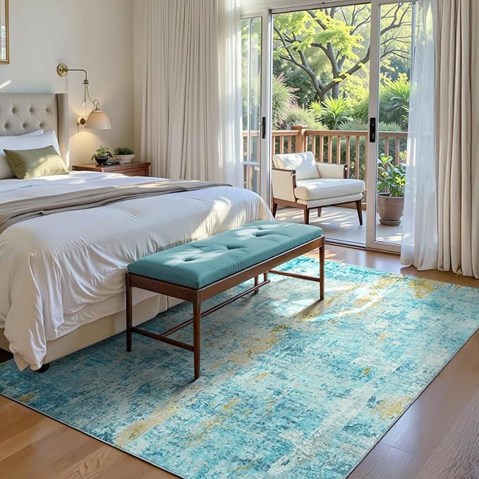 Area Rug 4x6 Teal Blue Rug Washable Boho Rugs Non Slip Low Pile Abstract Small Carpet for Entryway, Bedroom, Kitchen, Classroom, Kids Room, Office, Dorm, Dining Room