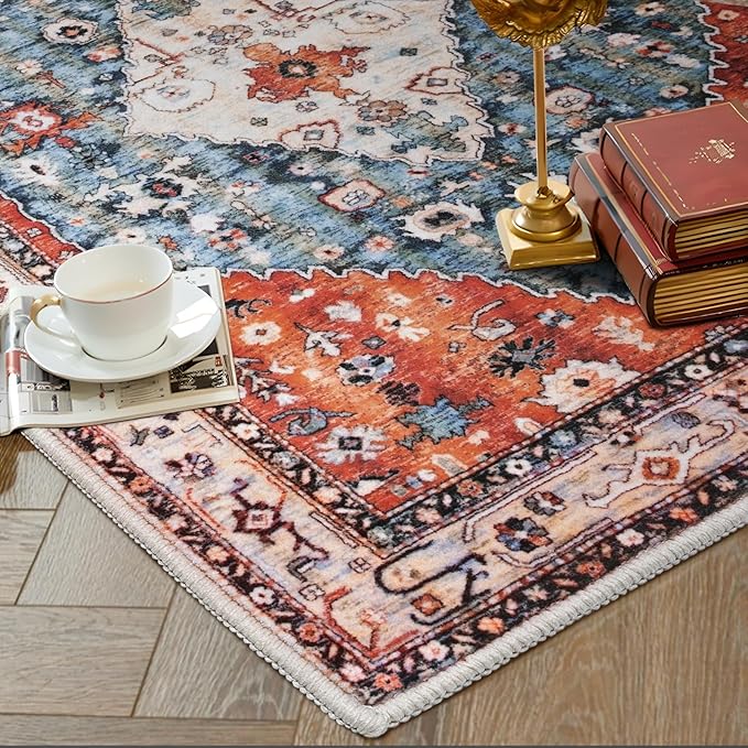 SERISSA Bedroom Rug 4x6 Boho Tribal Rug, Vintage Washable Area Rugs Non Slip, Ultra Soft Print Distressed Low-Pile Throw Carpet for Bedroom Nursery Dorm Kitchen Living Room Decor