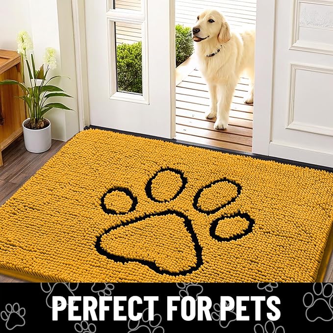 Smiry Dog Door Mat for Muddy Paws, Absorbent Dirt Trapper Non Slip Quick Dry Washable Chenille Mat for Mud Dogs, Entry Rug for Indoor and Outdoor (30x20 Inches, Golden Yellow and Black)