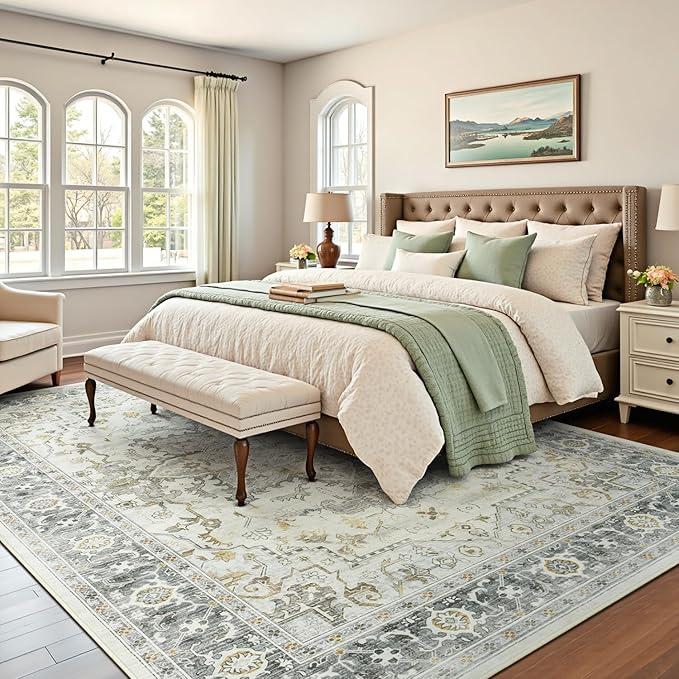 Lofus 6x9 Area Rugs for Living Room, Machine Washable Non-Slip Area Rug, Low Pile Large Rugs for Bedroom, Kitchen, Dining Room, Home Office, Vintage Oriental Print Rug, Taupe Grey