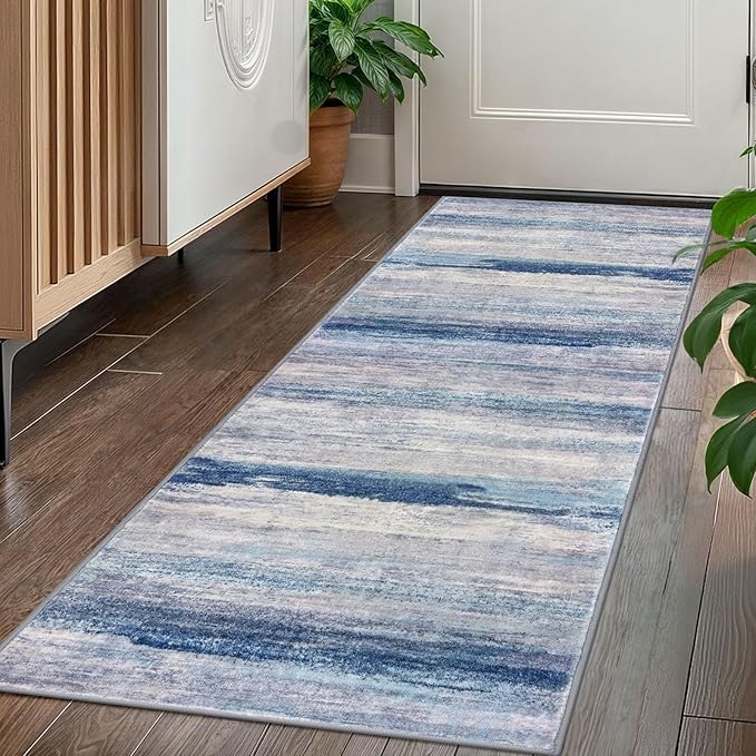 KOZYFLY Modern Abstract Washable Rug Runner 2x5 Hallway Rug Runner Non-Slip Soft Kitchen Runner Rugs, Blue/Grey/Beige Striped Carpet for Entryway Bathroom Laundry Room Foyer
