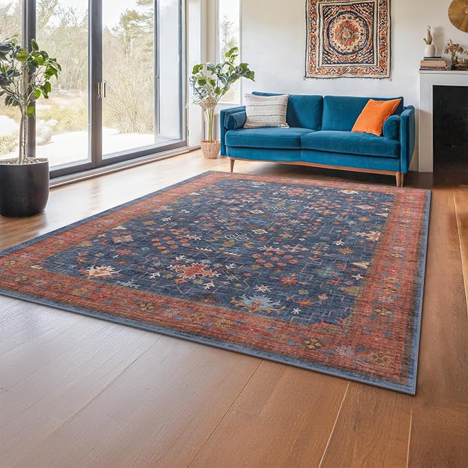 Hazo Haus Dining Room Rugs for Under Table - 6x8 Washable Area Rug for Living Room, Low Pile Non-Slip Rugs for Bedroom - Navy Blue & Terracotta Vintage Boho Eclectic Home Decor