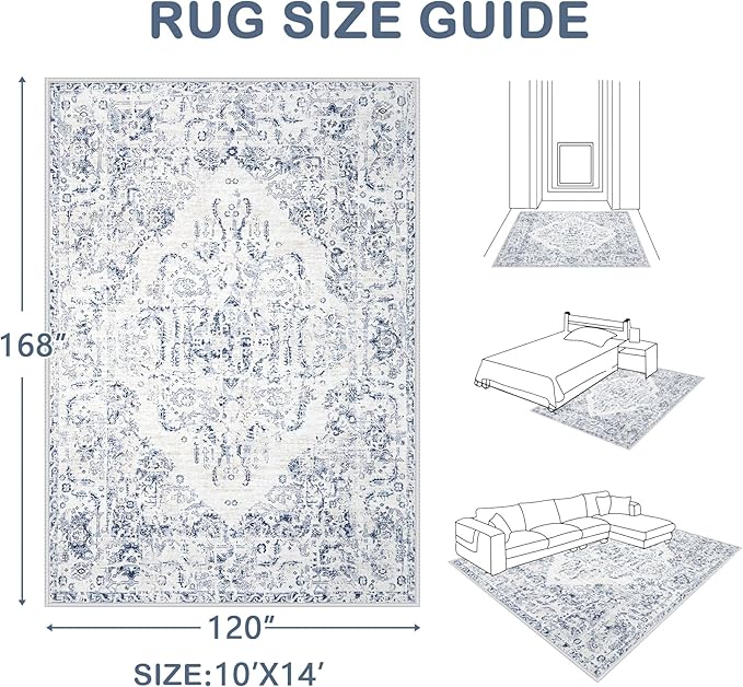 10x14 Area Rugs for Living Room: Washable Rug Vintage Large Rugs Soft Non Slip Low Pile Rug Floral Distressed Floor Carpet for Bedroom Nursery Dining Room Home Office (Blue,10'x14')