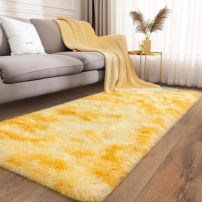 Soft Runner Rugs for Bedroom Hallways, 2x6 Tie-Dyed Yellow Fluffy Shag Throw Area Rug Non Slip for Bedside Dorm, Long Shaggy Furry Carpet for Nursery Living Room