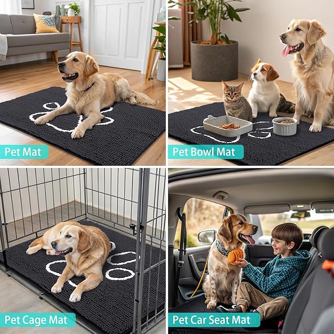 Smiry Dog Door Mat for Muddy Paws, Absorbent Dirt Trapper Non Slip Quick Dry Washable Chenille Mat for Mud Dogs, Entry Rug for Indoor and Outdoor (36x24 Inches, Black and White)