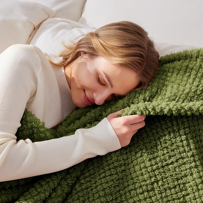 Whale Flotilla Twin Size Fuzzy Fleece Blanket, Fluffy Warm Soft Jacquard Bed Blankets for All Season, Lightweight and Cozy, 60x80 Inch, Olive
