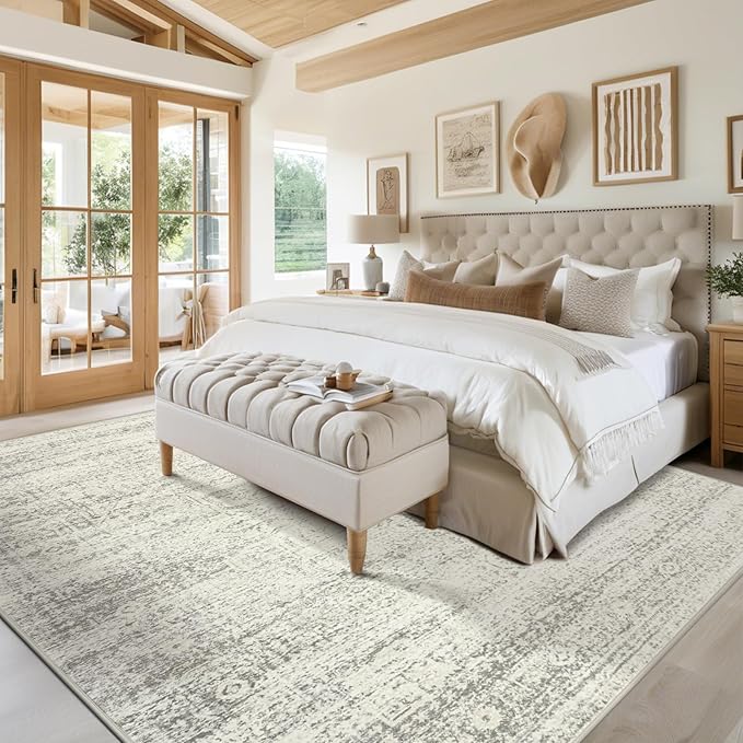 Washable Rugs 8x10 Area Rugs for Living Room,Bedroom,Dining Room- Large Ultra Soft Faux Wool Retro Carpets,Non Slip&Non-Shedding Low Pile Vintage Print Rug for Home Office Decor-Beige
