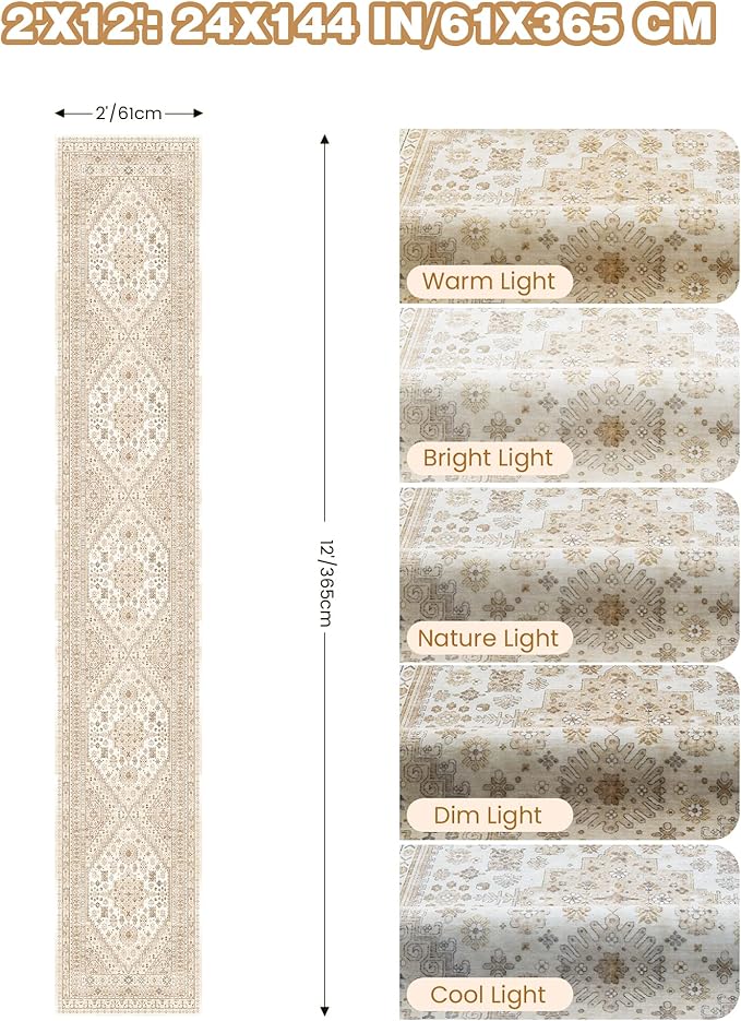 Hallway Runner Rug 2x12, Extra Long Washable Runner Rugs with Rubber Backing, Non Slip Runner, Vintage Rug Runners for Kitchen Laundry Room Entryway (Cream/Beige,2'x12')