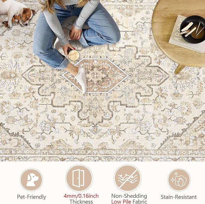 Area Rugs 8x10 Vintage Rug: Large Washable Living Room Rug Retro Medallion Distressed Soft Low Pile Non-Slip Indoor Floor Carpet for Bedroom Kitchen Nursery Dining Office (BeigeBrown, 8'x10')
