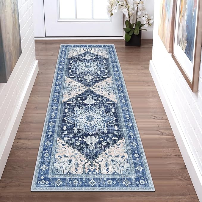 Yamaziot Washable Runner Rug, 2x6 Non-Slip Boho Vintage Hallway Rug Runner with Rubber Backing, Stain Resistant & Low Pile Faux Wool Distressed Carpet Runner for Kitchen, Laundry, Entrance, Blue