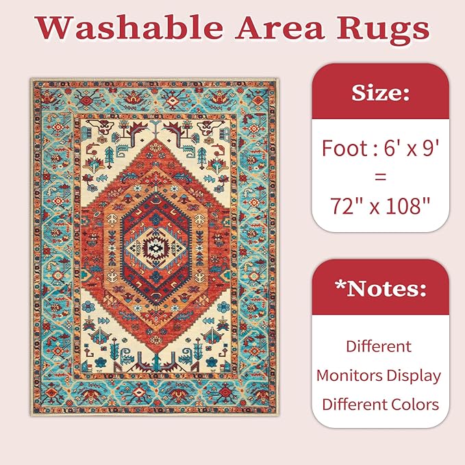 SERISSA Washable Rugs 6x9 Boho Area Rugs, Large Non-Slip Living Room Rug, Ultra Soft Vintage Oriental Tribal Farmhouse Orange Carpet for Dining Room Bedroom Dorm Office Home Decor