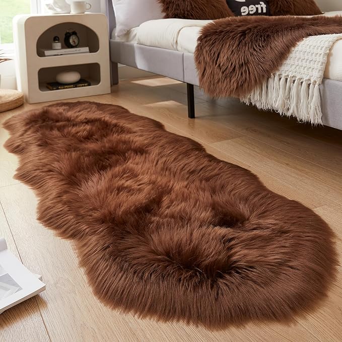 EasyJoy Ultra Soft Fluffy Shaggy Area Rug Faux Fur Rug Chair Cover Seat Pad Fuzzy Area Rug for Bedroom Floor Sofa Living Room (2 x 6 ft Sheepskin, Coffee)