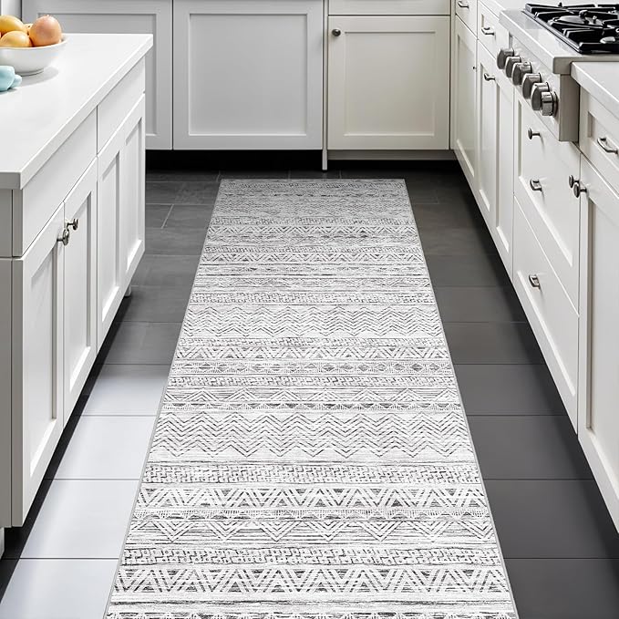 Ksrau 2x5 Hallway Runner Rug - Moroccan Non Slip Long Rug for Entryway Soft Low-Pile Washable Neutral Rugs for Kitchen Small Waterproof Indoor Floor Carpet for Bedroom Bathroom Laundry 2x5 Grey