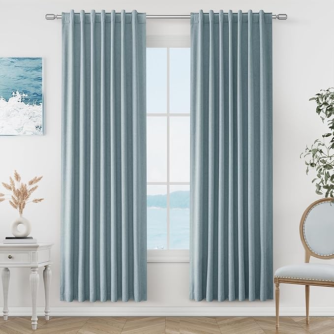 Guken Blue 100% Blackout Linen Curtains 80 Inch Length 2 Panels Set for Living Room Bedroom Back Tab Thermal Insulated Black Out Drapes Room Darkening Window Curtains 80 Inches Long Dusty Blue