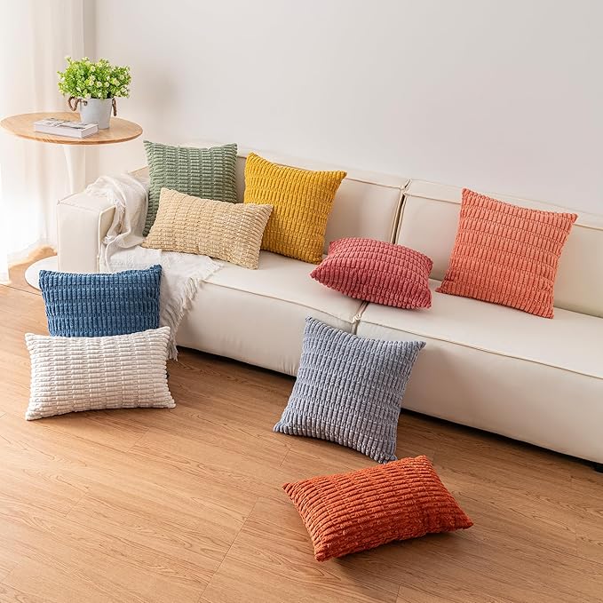 Pack of 2 Corduroy Decorative Throw Pillow Covers 24x24 InchSoft Striped Pillow Covers Modern Farmhouse Home Decor for Sofa Living Room Couch Bed（White）