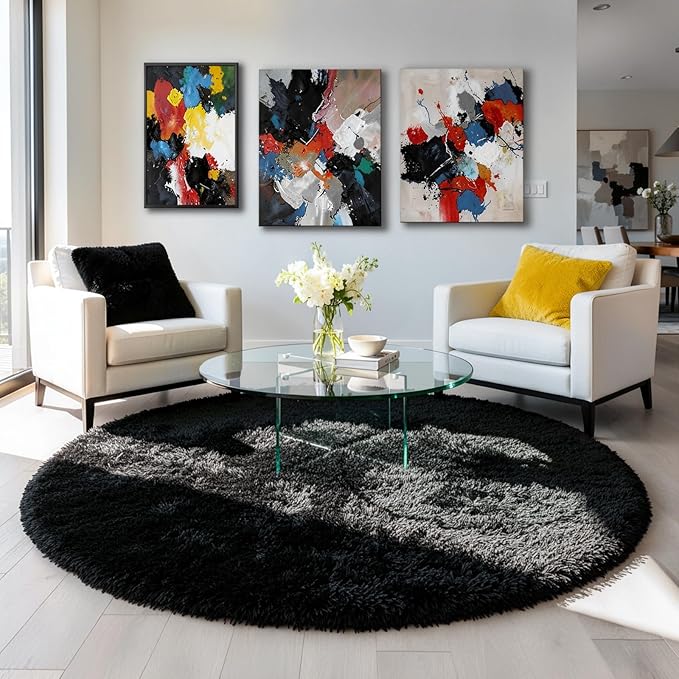 Black Round Rug 7Ft for Bedroom Aesthetic, Fluffy Plush Circle Area Rugs for Living Room, Large Big Fuzzy Modern Cool Carpet for Baby Kids Teen Boys Mens, Office Playroom Nursery Apartment Home Decor