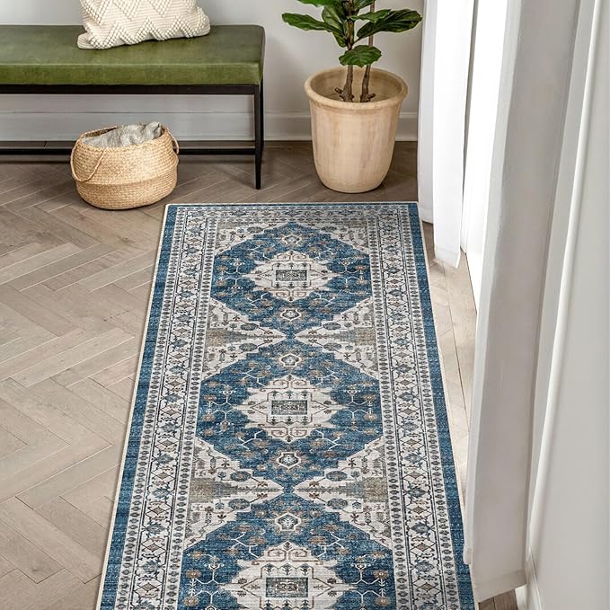 2x5 Washable Hallway Runner Rug: Indoor Farmhouse Entryway Kitchen Rugs Oriental Thin Non-Slip Water Resisitant Carpet for Bathroom Laudry Ultra Soft Floor Mat for Living Room Bedroom(2X5,Blue)