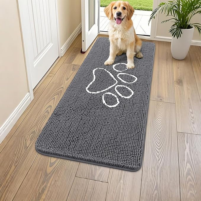 Smiry Dog Door Mat for Muddy Paws, Absorbent Dirt Trapper Non Slip Quick Dry Washable Chenille Mat for Mud Dogs, Entry Rug for Indoor and Outdoor (47x17 Inches, Dark Grey and White)
