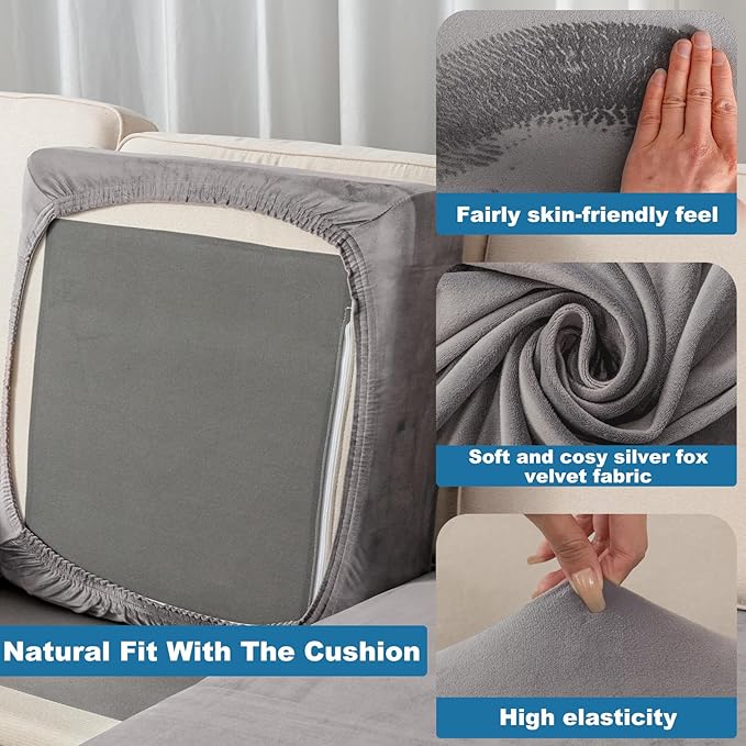 Couch Cover Velvet Chaise Cushion Cover for Sectional Sofas - Elastic L-Shaped Sofa Seat Covers Washable, Slipcover Protector (1-Piece, Grey)