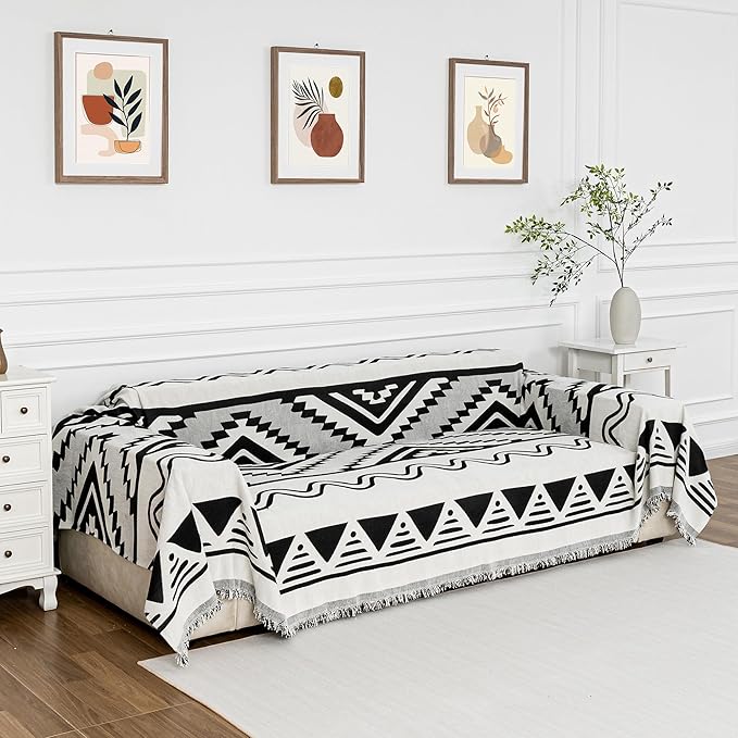 MYSKY HOME Sectional Couch Cover Black Boho Geometric Sofa Covers for Sectional Sofa L Shape Chenille Couch Protector for Dogs Pets Couch Throw Cover Washable Durable for Home Decor, 71" X118"