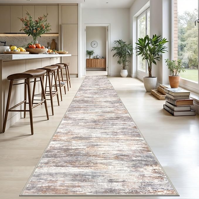 KOZYFLY Modern Abstract Washable Long Runner Rug 2.6x20 Hallway Rug Runner Non-Slip Soft Kitchen Runner Rugs, Multi Grey/Orange 20 Foot Carpet Runners for Stair Entryway Bathroom
