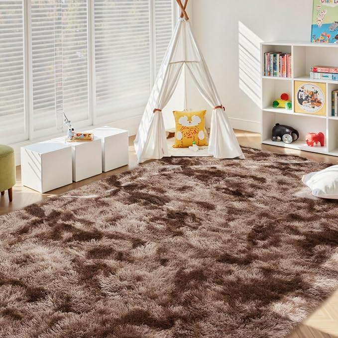 5x7 Ft Shag Brown Area Rug for Bedroom Living Room, Tie-Dyed Ultra Soft Fluffy Furry Rugs for Indoor Floor, Aesthetic Carpet for Kids Home Decor (Coffee)
