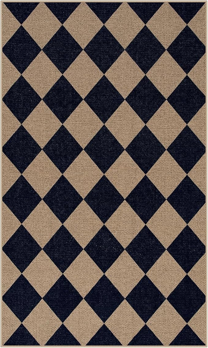Lahome Colette Checkered Easy Jute Entry Rug, 3x5 Black Outdoor Patio Rug for Living Room Farmhouse Neutral Carpet, Washable Non Slip Indoor Door Mat Diamond Carpet for Front Door Deck Camping
