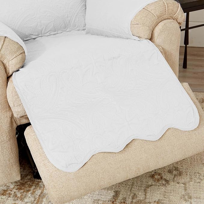 Great Bay Home Reversible Recliner Cover - Washable Slipcover Furniture Protector with Elastic Straps - Perfect for Kids & Pets - Quilted & Stitched Detail (White/Sand)