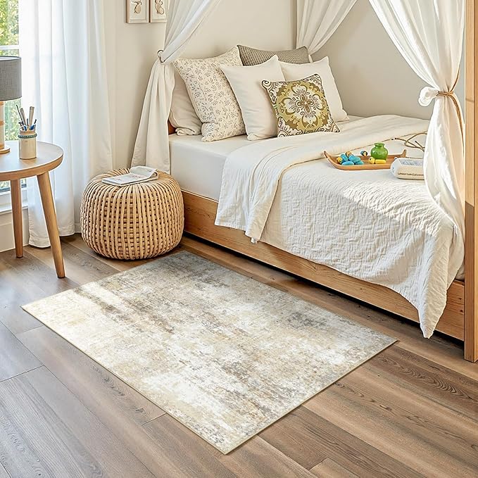 Washable Area Rugs 3'x5' Non-Slip Modern Abstract Soft for Living Room Entryway Bedroom Nursery, Print Pattern, Neutral Brown Gray
