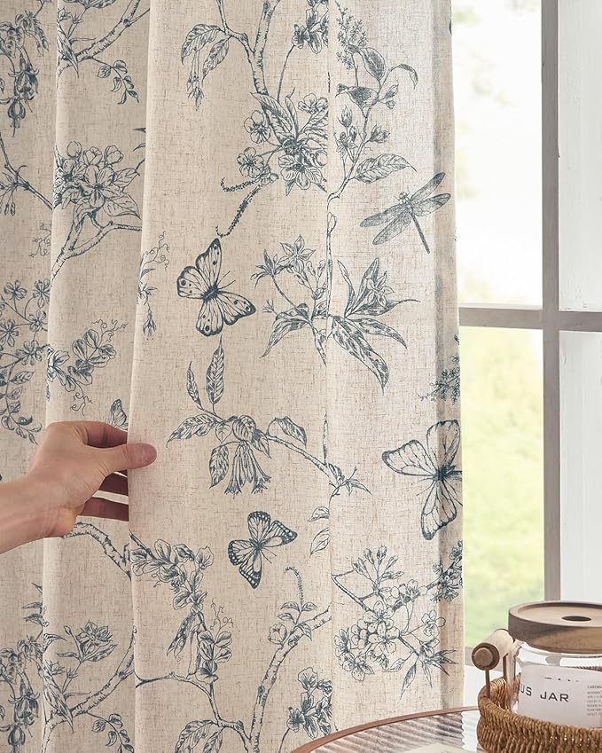 jinchan Floral Linen Curtains for Living Room 84 Inch Length Butterfly Curtain Blue Floral Curtains French Country Farmhouse Curtain Flower Patterned Drapes Window Treatment Set 2 Panels