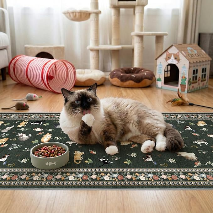 2x5 Washable Kitchen Runner Rug - Soft Low Pile Floral Animal Cat Print Rugs with Non-Slip Backing Waterproof Stain-Resistant Indoor Carpet for Hallway Entryway Bathroom Bedroom (Sage Green)